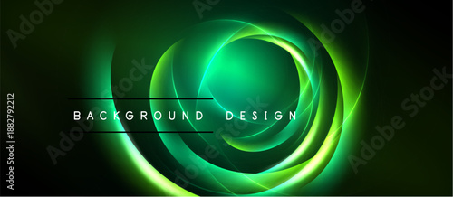 Abstract green neon swirls form circular design. Dark background emphasizes glowing lines, creating dynamic visual effect. Text reads background design.