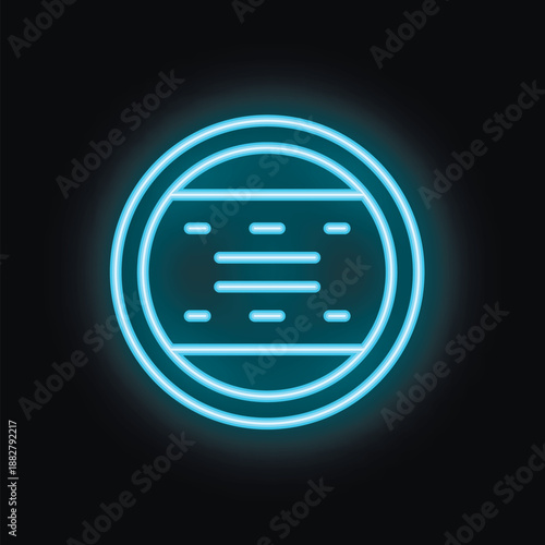 Blue neon sign of a round manhole cover glowing on a brick wall