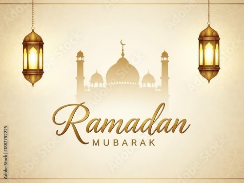 Wallpaper Mural Ramadan Mubarak Cream Background with Mosque Silhouette and Lanterns Torontodigital.ca