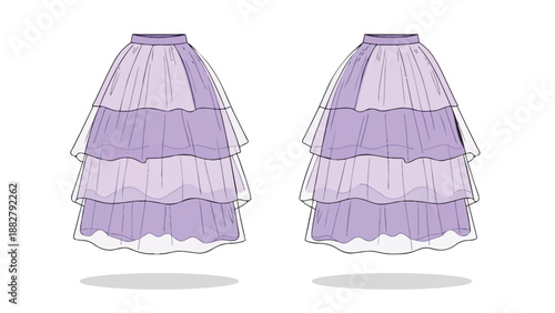 Elegant tiered ruffle skirt illustration in shades of lavender purple, perfect for fashion design concepts.
