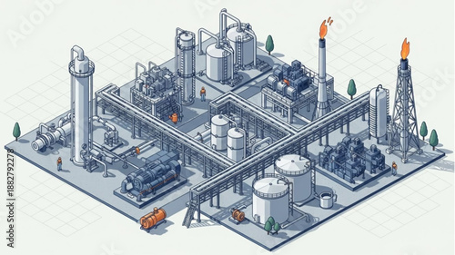 Industrial Chemical Plant Complex with Towers and Pipelines.