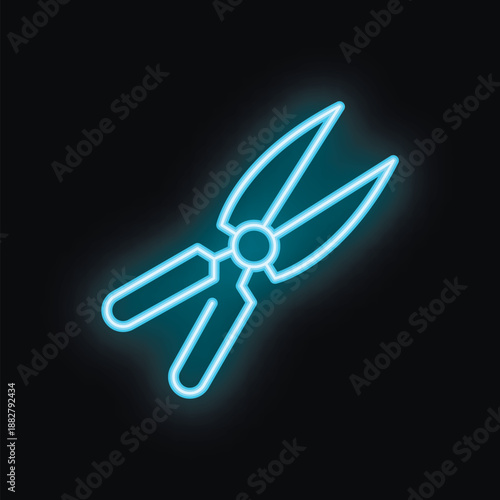 Glowing neon icon of garden secateurs for dark background design