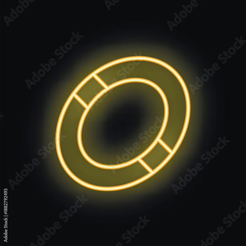 Yellow neon lifebuoy glowing on black background, concept of safety, rescue and emergency