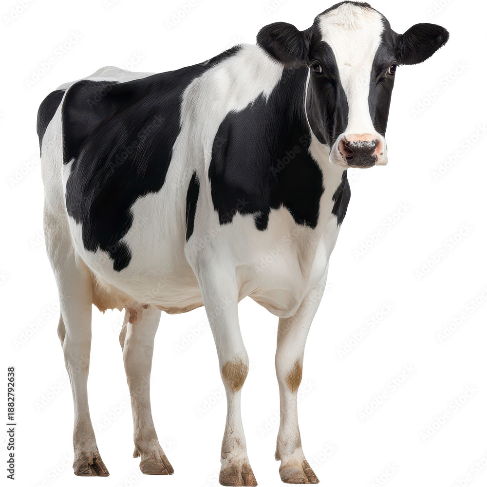 Fototapeta premium A black and white cow standing, isolated on a black background, looking directly at the viewer.