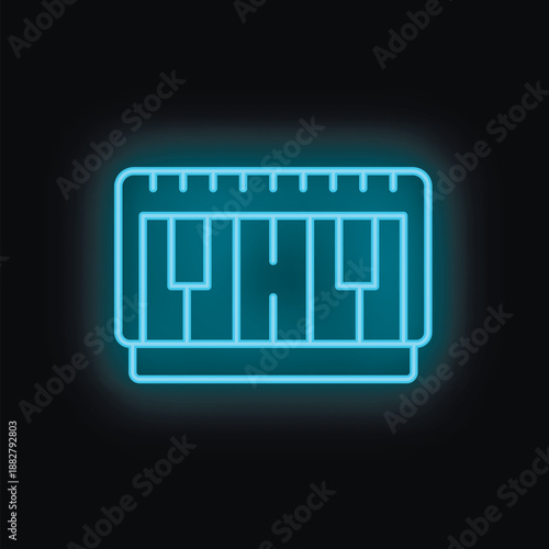 Blue neon icon of a synthesizer glowing against a black background