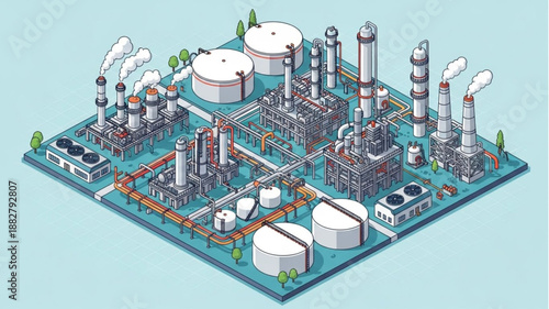 Industrial Oil Refinery Complex with Storage Tanks and Pipelines.