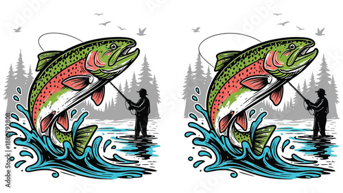 Hand-drawn fishing scene vector illustrations featuring a jumping trout and an angler casting a fishing rod.