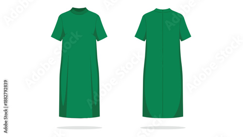A contemporary, minimalist long green dress with short sleeves and a modest high neck, showcasing elegant simplicity and versatile design for modern