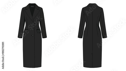 Elegant timeless black women's full-length overcoat fashion illustration front and rear views