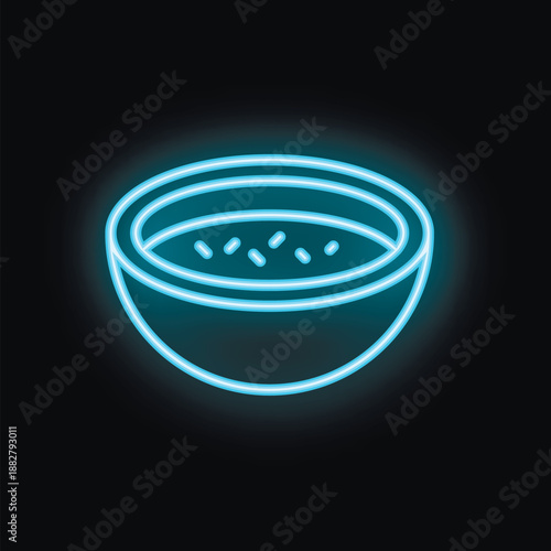 Neon sign of a bowl containing soup, glowing on a black background
