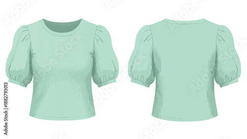 Stylish aqua puff sleeve women's top front and back views a modern ribbed blouse illustration perfect for fashion design and apparel mockups
