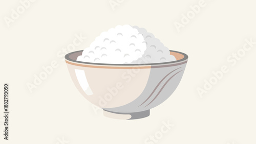 A Bowl Filled With Cooked White Rice Against A Plain, Cream-Colored Background