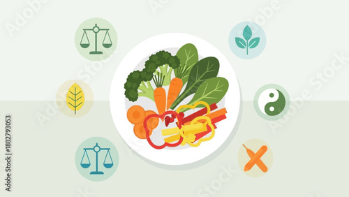 A Balanced Plate of Fresh Vegetables and Symbols Representing Wellbeing and Nature