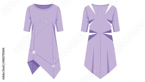 Modern lavender tunic dress with unique asymmetrical hemline and geometric back cut-outs showcasing contemporary women's fashion design on white