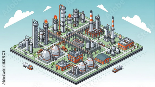 Industrial Complex Manufacturing Plant with Smokestacks and Tanks.