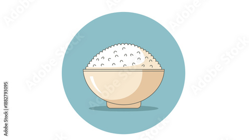 A Bowl Filled With Rice Displayed On A Cyan Circular Background Design