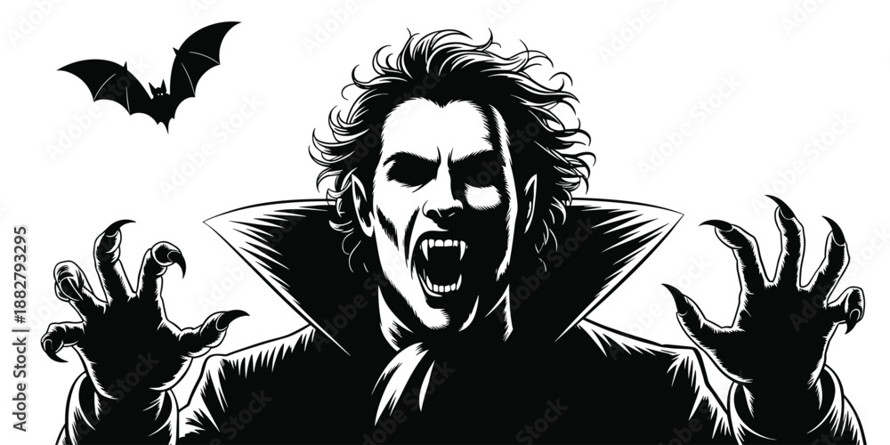 Fototapeta premium Menacing detailed vampire with sharp fangs and clawed hands portrait illustration in black and white with bat flying horror halloween themed design for posters and graphic novel artwork spooky and dra