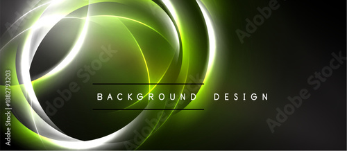 Abstract neon lines create dynamic circular shapes over dark background. Bright green, white glow emphasizes modern design elements.