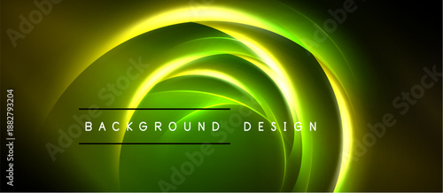 Abstract green, yellow light waves. Dynamic curves create flowing energy, modern design element. Background features smooth gradients.