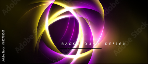 Abstract design features vibrant swirls, yellow, purple hues. Dark background enhances glowing effect, modern aesthetic.