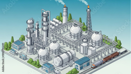 Industrial Chemical Plant with Smoke Stacks and Pipelines.