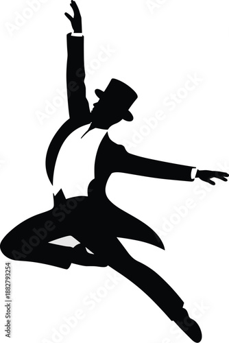 Elegant silhouette of a man in a tuxedo and top hat performing a dance jump expressive artistic movement for entertainment industry events and theater performance arts design template with dynamic pos