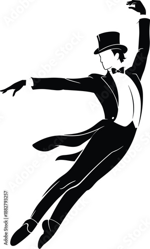 Elegant vintage dancer jumping silhouette illustration performing classic dance routine wearing tuxedo and top hat graceful black and white artistic style for theater performance poster design and cul
