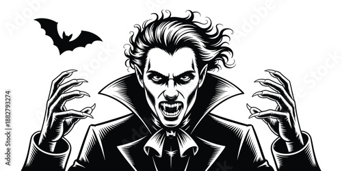 Menacing Dracula Vampire Character with Sharp Fangs and Claws Illustration for Halloween Horror Themed Designs Gothic Fantasy Vampire Bat Halloween Celebration Spooky Night Party Invitation Graphic No