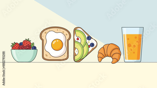 A Delightful Illustrated Array Of Breakfast Items Representing Freshness and Flavor