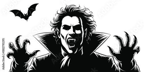 Menacing detailed vampire with sharp fangs and clawed hands portrait illustration in black and white with bat flying horror halloween themed design for posters and graphic novel artwork spooky and dra