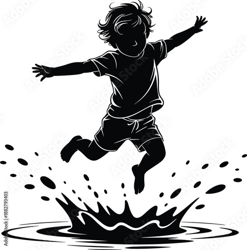 Silhouette of joyful curly haired boy jumping in puddle creating splash of water drops fun outdoor activity playful kid enjoying nature carefree childhood games vector illustration for children's book