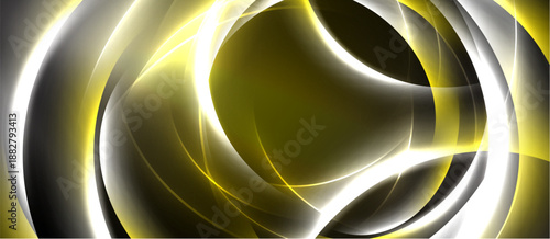 Abstract design features golden, white curves against dark background. Dynamic composition evokes energy, movement, depth. Smooth gradients create visual interest.