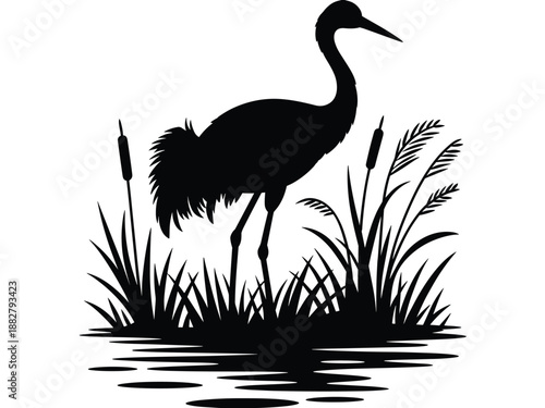Elegant crane silhouette standing in wetland habitat reeds cattails black and white vector illustration wildlife nature conservation graphic design element for environmental awareness campaigns minima