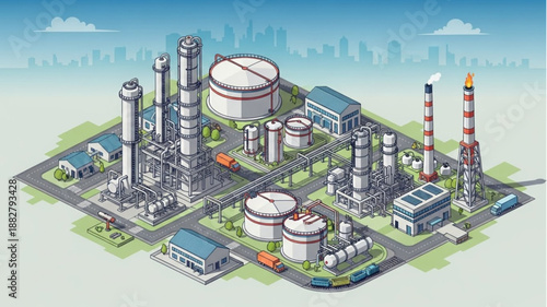 Industrial Chemical Plant Complex with Storage Tanks and Smokestacks.