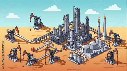 Oil refinery and pumpjacks in desert landscape illustration.