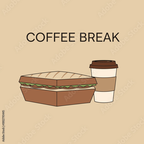A Delightful Illustration Showcasing a Coffee Break with Sandwich and Beverage Elements