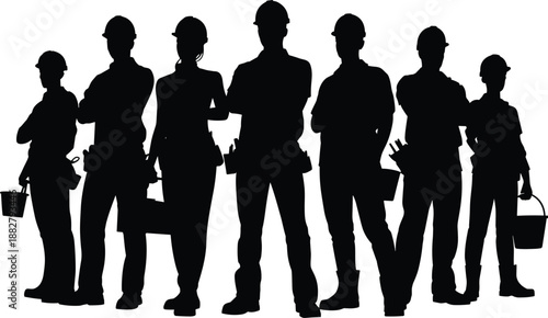 Construction workers silhouette in group standing together wearing hard hats and tool belts professional construction team illustration for building development real estate industrial safety teamwork