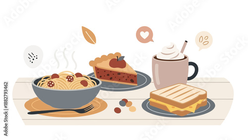 A Delightful Illustration Showcasing Varied Food Items Placed Elegantly on a Wooden Surface