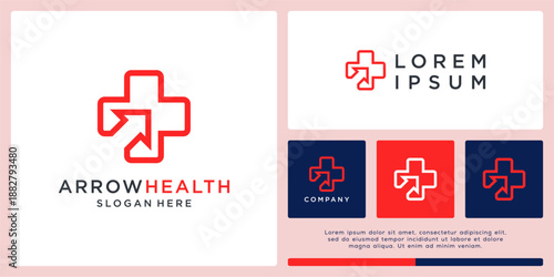 Arrow health logo design with cross line art.