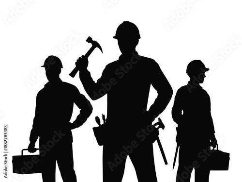 Construction Worker Team Silhouette with Hammer and Toolbox Construction Crew Working Together on Building Project Professional Contractor Group for Real Estate Development and Home Improvement Servic