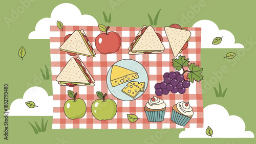 A Delightful Picnic Feast Illustration Showcasing Sandwiches, Fruits, and Desserts