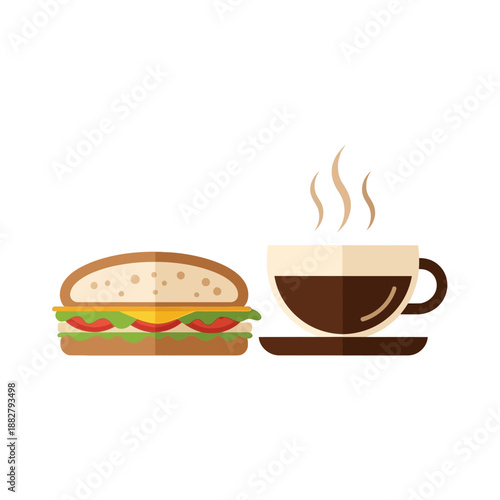 A Delightful Pairing: Artistic Illustration of a Fresh Sandwich Beside a Hot Coffee Cup