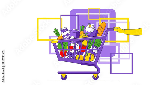 A Filled Shopping Cart Representing Groceries and The Act Of Purchasing Items