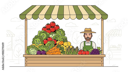 A Friendly Farmer Stands Behind His Stall Displaying A Variety of Fresh Produce
