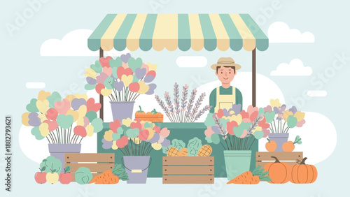 A Friendly Farmer Stands Behind His Stall, Selling Colorful Floral Arrangements and Produce