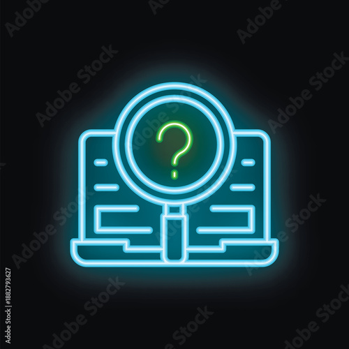 Bright neon icon of magnifying glass hovering over laptop screen representing online research