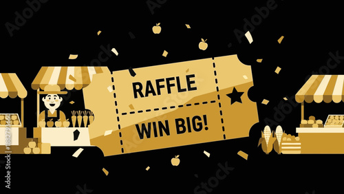 A Gold Raffle Ticket With Festive Design Featuring Market Stalls And Delicious Produce