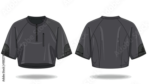 Technical flat drawing of a modern cropped athletic top featuring a half-zip and sleeve patches