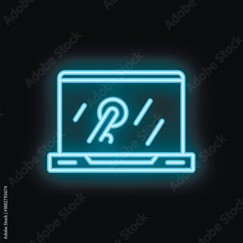 Neon blue icon of a laptop showing a password security breach concept