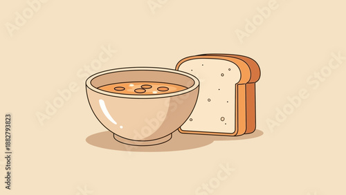 A Hearty Meal: Bowl Of Soup And Fresh Bread, Illustration With Creamy Background